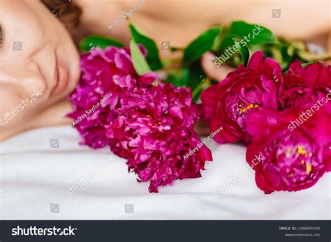Beautiful Brunette Topless Woman Bouquet Peonies Stock Photo