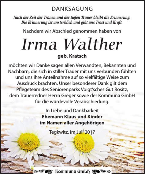 Traueranzeigen Von Irma Walther Trauer Anzeigen De