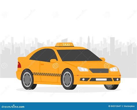 Coche Amarillo Del Taxi Delante De La Silueta De La Ciudad Ejemplo En