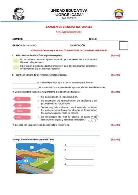 Examen Final De Ciencias Naturales 2021 2022 Unidad Educativa