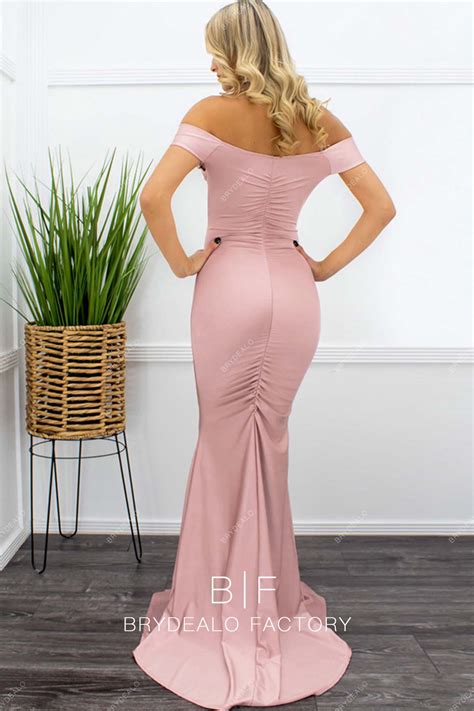 Nude Pink Twisted Off Shoulder Jersey Slit Mermaid Bridesmaid Dress