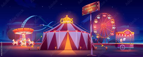 Amusement Park At Night Carnival Circus Tent Ferris Wheel Roller