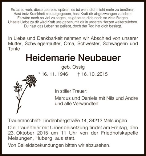 Traueranzeigen Von Heidemarie Neubauer Trauer Hna De