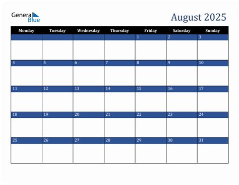 August 2025 Downloadable Monday Start Calendar