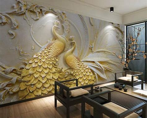 3D Custom Wall Mural Art Wall Painting Gold Two Big Peacocks Wallpaper