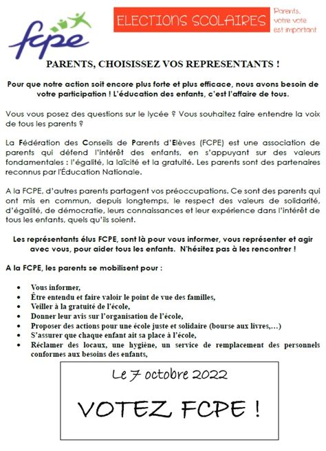 Vendredi Octobre Lections De Repr Sentants De Parents D L Ves