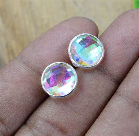 Solid Sterling Silver Faceted Rainbow Mystic Quartz Stud Earring