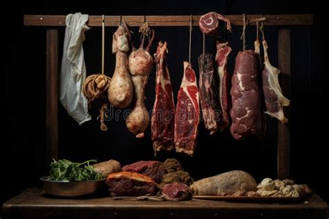 Cortes Artesanales De Carne Expuestos En Un Mueble De Madera Con