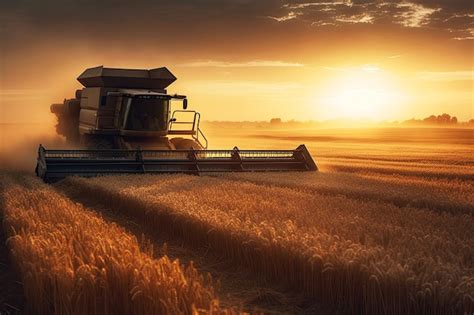 Premium Ai Image Combine Harvester Harvests Wheat From Field On Farm