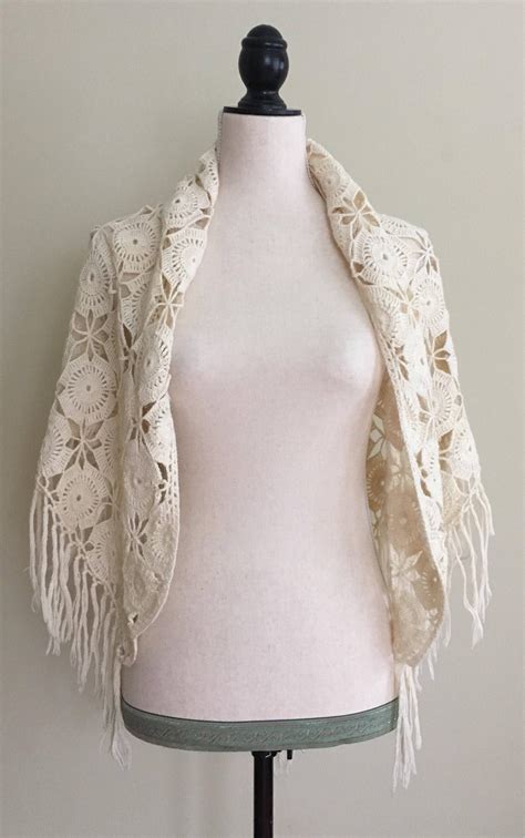 70s Crochet Fringe Shawl Natural White Wrap Vintage Hand Knit Peasant Hippie Boho Bohemian