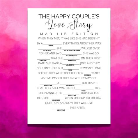 Bridal Mad Libs Printable Bridal Shower Game The Happy Couple S Love Story Mad Lib Edition