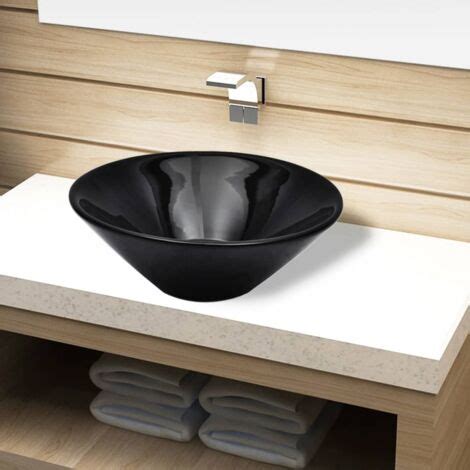 Lavabo Da Appoggio Lavandino Bagno In Ceramica Nera Rotondo Bv