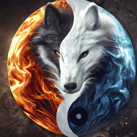 Portrait Du Symbole Du Yin Yang Avec De La Glace Et Du Feu Et Loups