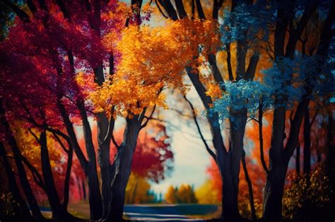 Premium Ai Image A Colorful Autumn Scene With Trees And A Road