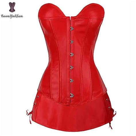 Red Faux Leather Corset Dress Suit Overbust Busiter Suit Plus Size Sexy