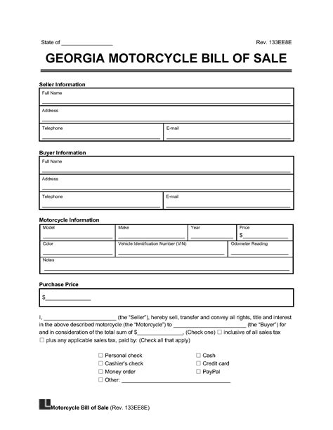 Georgia Motorcycle Bill Of Sale Form Legal Templates