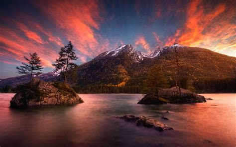 Nature Landscape Sunset Mountain Forest Island Lake Snowy Peak