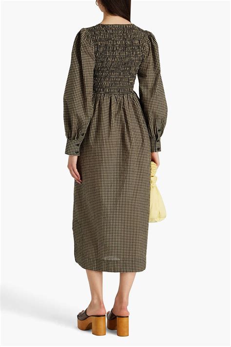 Ganni Shirred Checked Seersucker Midi Dress The Outnet