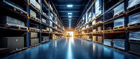 Modern Warehouse Interior With High Shelves Forklifts And Cool