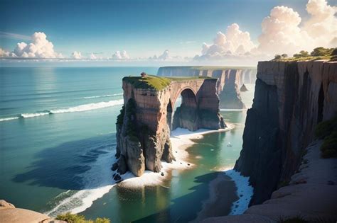 Premium AI Image | A painting of a cliff with a lighthouse on it