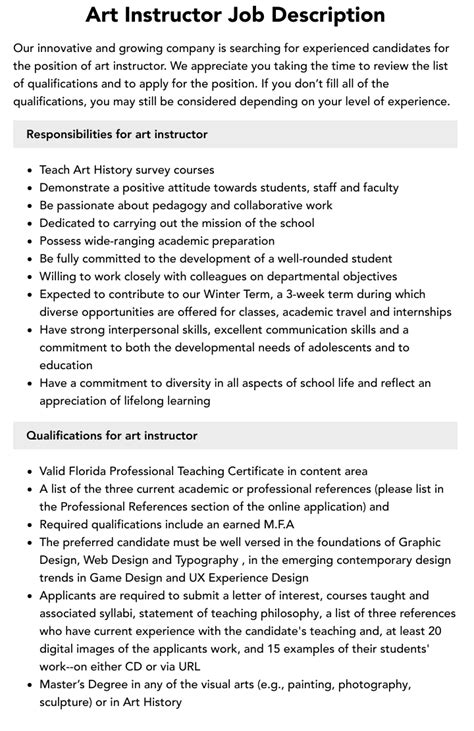 Art Instructor Job Description Velvet Jobs