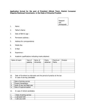 Fillable Online Himachal Nic Application Format For The Post Of