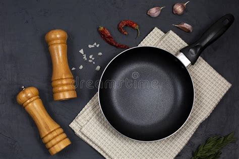 Food Cooking Background With Frying Pan Or Skillet Spices And Herbs