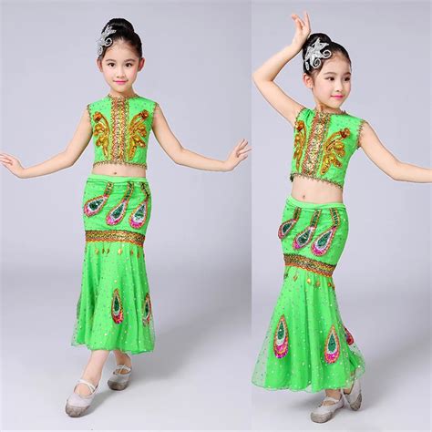 Children Girl Green Performance Chinese Costume Dance Clothing Dai Peacock Dance Dress National ...