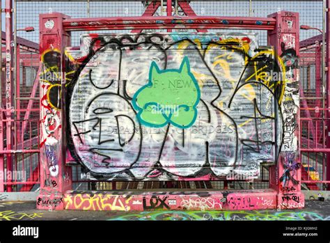 The Williamsburg Bridge Plaque in Brooklyn, New York. It is covered in ...