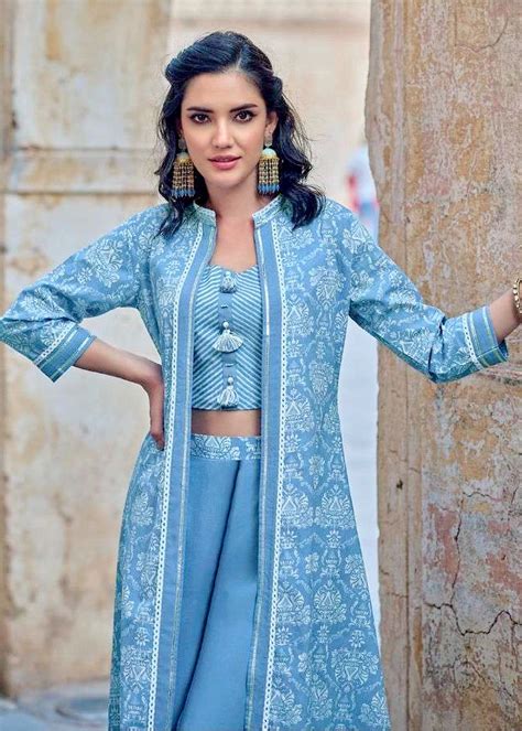 Light Blue Indo Western Crop Top Palazzo Set With Shrug Urban Womania