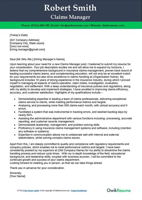 Claims Manager Cover Letter Examples Qwikresume