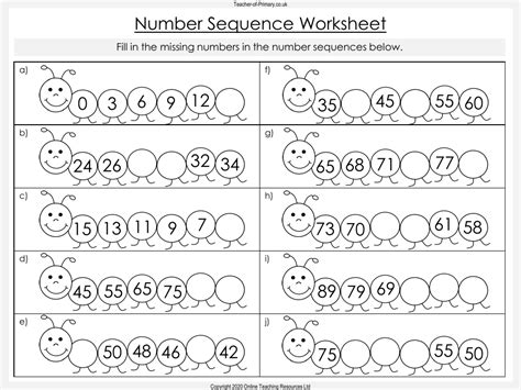 Number Sequences Worksheet Math 1st Grade