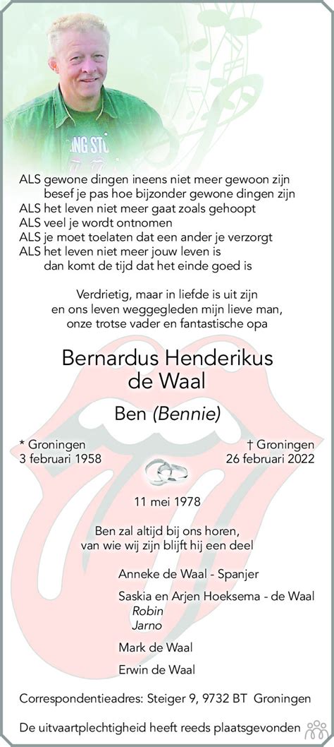 Bernardus Henderikus Ben Bennie De Waal Overlijdensbericht