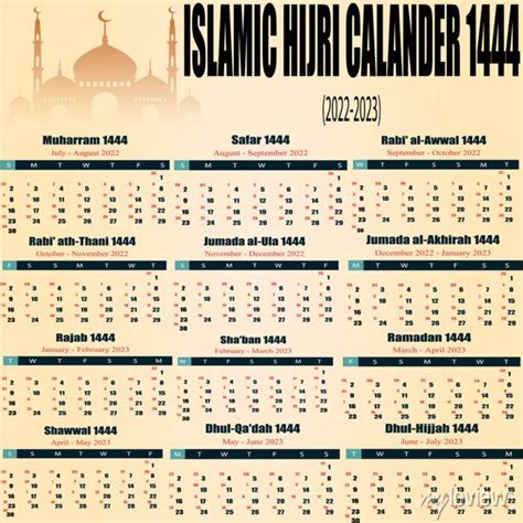 Hijri Islamic Calendar 2022 From 1443 To 1444 Vector Celebration