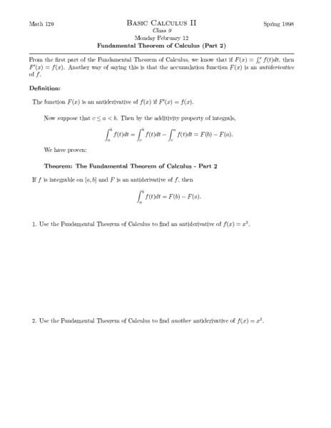 Basic Calculus Ii Fundamental Theorem Of Calculus Worksheet For Higher Ed Lesson Planet