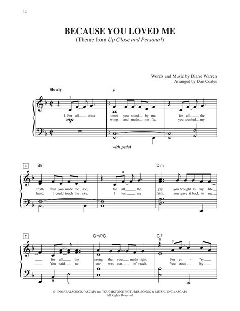 Because You Loved Me By Celine Dion Sheet Music For Easy Piano At Sheet