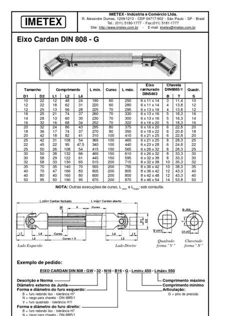 Especificações Técnicas E Tabelas De Dimensões De Eixos Cardan Din 808 Fabricados Pela Imetex