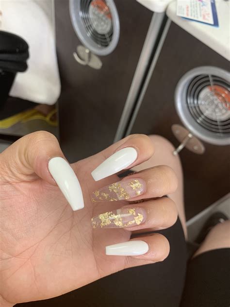 Acrylics Gold Flakes And White Long Coffin Nails Oval Acrylic Nails Remove Acrylic Nails