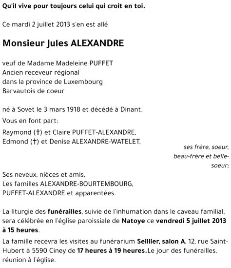 Avis De Décès De Jules Alexandre Décédé Le 02072013 à Dinant