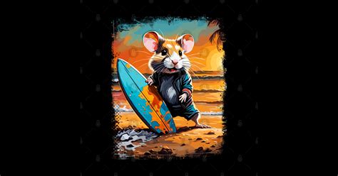 Hamster Surfing Cute Colorful Comic Illustration Hamster Sticker