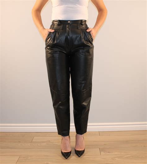 Vintage Black Leather Pants High Waisted With Front Pleating Etsy