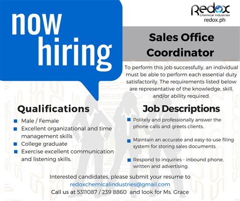 Job Hiring: Sales Office Coordinator - Redox Chemical Industries