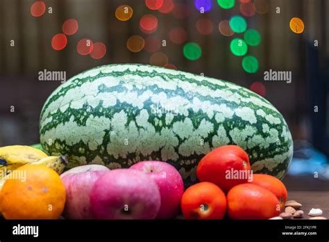 Fruits On The Table Watermelon Apple Banana Stock Photo Alamy