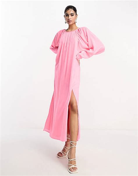 Asos Design Washed Satin Volume Sleeve Midaxi Dress In Fluro Pink Asos