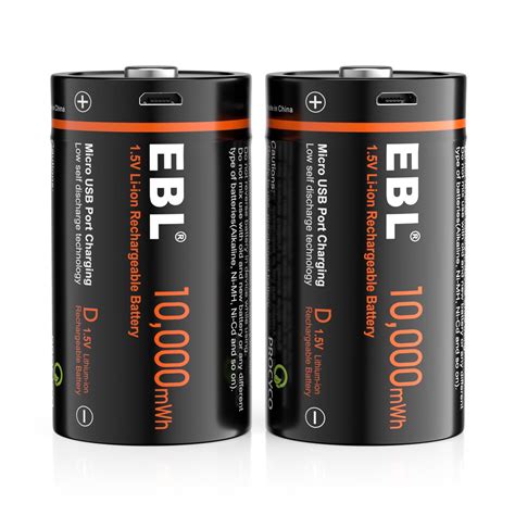 EBL 2 Pack Rechargeable D Batteries 10000mWh 1 5V Long Lasting USB D