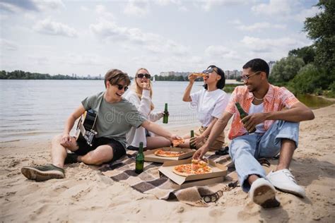 Happy Multicultural Friends Having Beach Picnic Stock Image Image Of