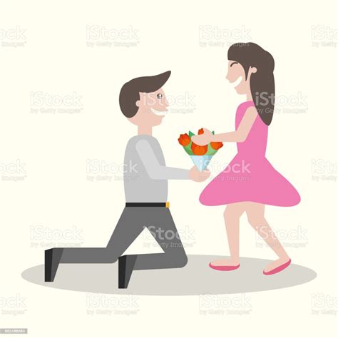 Man Kneel Gives Flowers Girl Stock Illustration Download Image Now