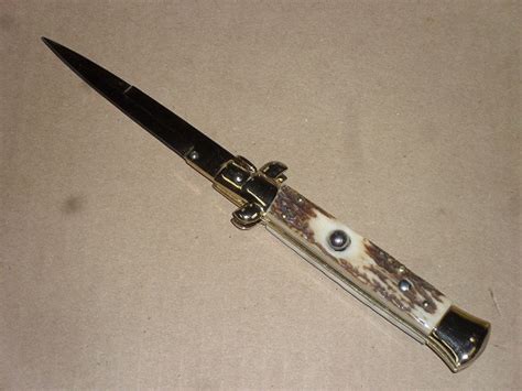 Frank Beltrame 9 Italian Stiletto Automatic Knife Stag Horn Gold Bayo