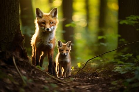Premium AI Image | a mother fox and her two cubs in the woods