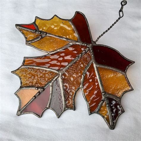 Stained Glass Maple Leaf Suncatcher Vintage Amber Glass Autumn Fall Leaves Etsy Stained